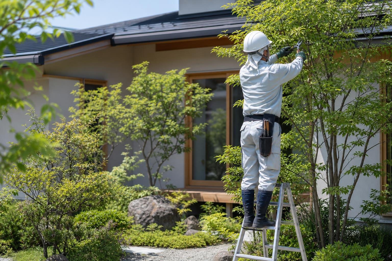 庭木を丁寧に剪定する作業風景